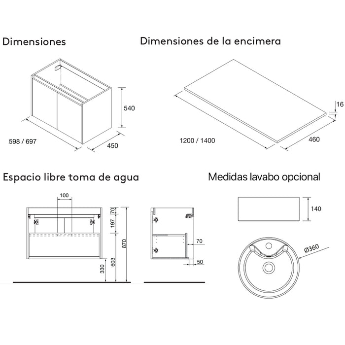 SALGAR 105570 NOJA Mueble de Baño con Tapa Encimera 4 Puertas 140 cm Color Blanco Brillo