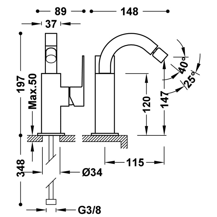 TRES 00612402NM CUADRO Grifo Monomando con Maneta Lateral para Bidé Color Negro Mate