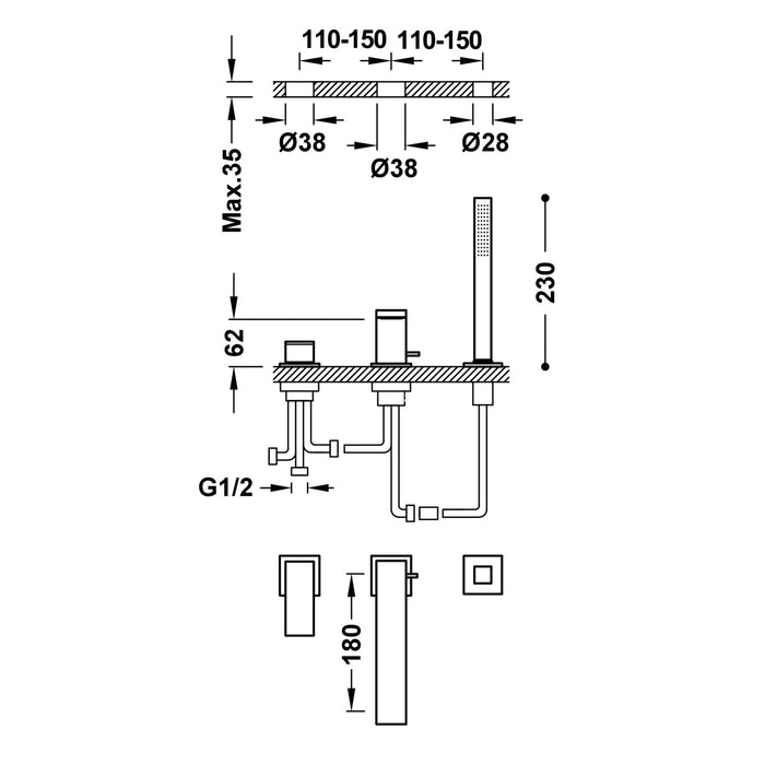 TRES 00616105BM Single-lever Faucet Frame for Bathtub Edge Matte White Color