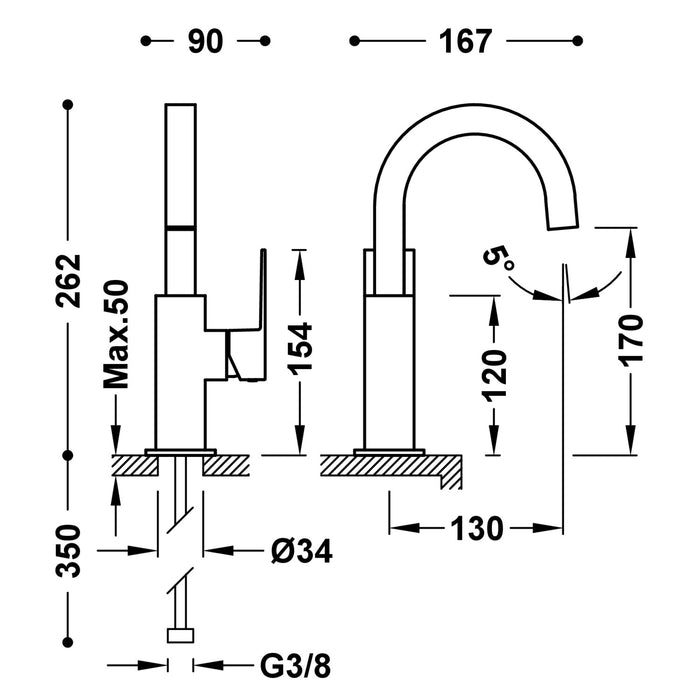 TRES 00660502BM CUADRO Single-lever Faucet with Side Handle for Sink Matte White Color