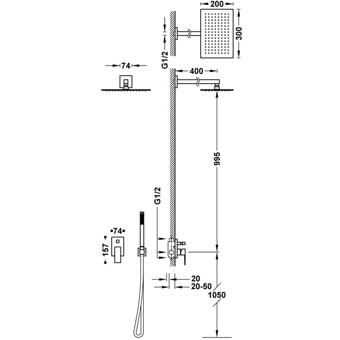 TRES 00698003 CUADRO Kit De Grifo Monomando Empotrado De 2 Vías para Ducha Color Cromo