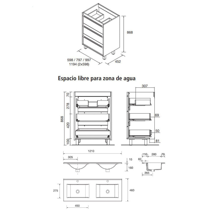 SALGAR 105160 ATTILA Mueble de Baño con Lavabo 6 Cajones 120 cm Color Blanco Mate