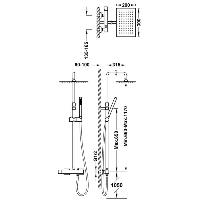 TRES 00719702 FRAME Single-lever Wall-mounted 2-way Telescopic Faucet Set for Shower Chrome Color