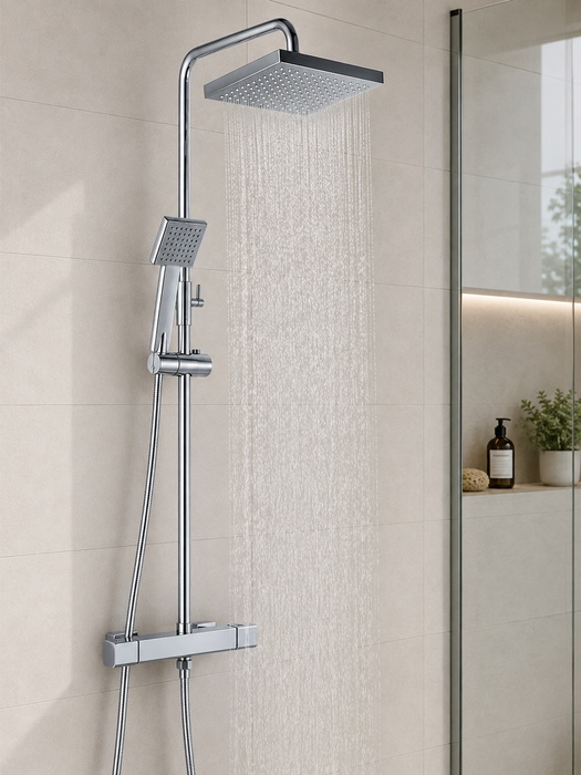 AQUORE SA.QL6028FCT MAPLE  Kit De Ducha Con Grifo Termostático  Rociador Cuadrado 20x20 Cromo