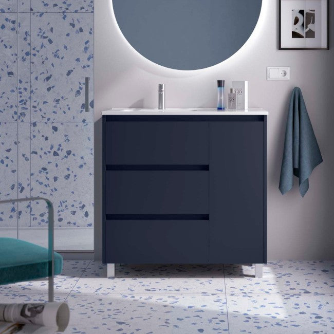 SALGAR NOJA 850 Bathroom Cabinet with Sink 3 Drawers 1 Right Door Matte Blue Color