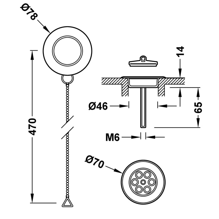 TRES 03474501AC FAUCET ACCESSORIES Flat Drain Cup with Chain Hook Kit and Plug for Steel Bathtub