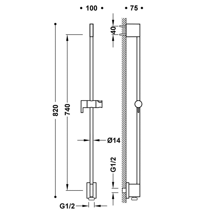 TRES 03493199NM SHOWER COMPLEMENTS Sliding Shower Bar with Wall Water Inlet Matte Black Color