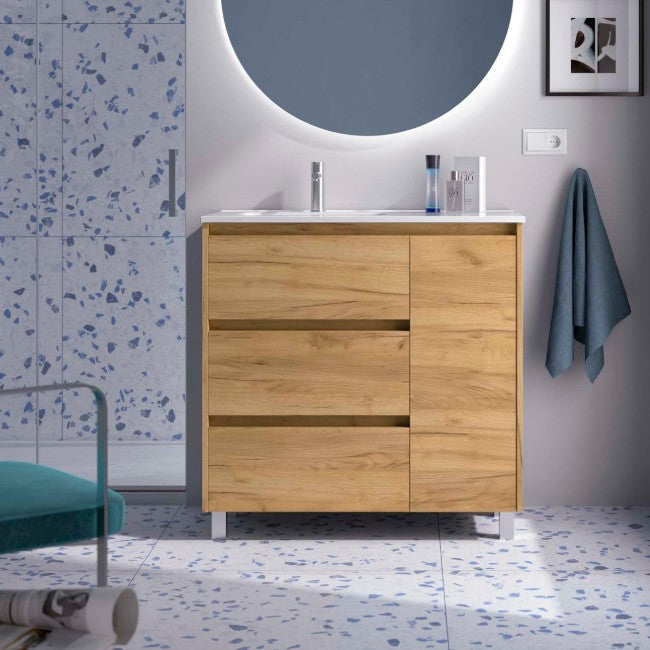 SALGAR NOJA 910 Mueble de Baño con Lavabo 3 Cajones 1 Puerta Derecha Color Roble África