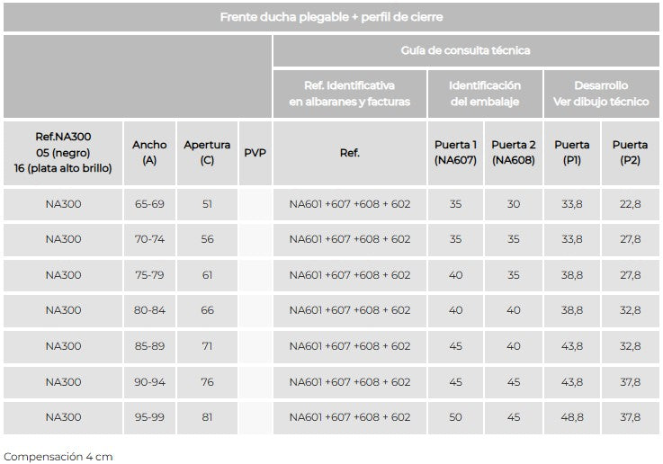 KASSANDRA NARDI NA300 Mampara Frente de Ducha Plegable + Perfil de cierre Negro Mate Transparente