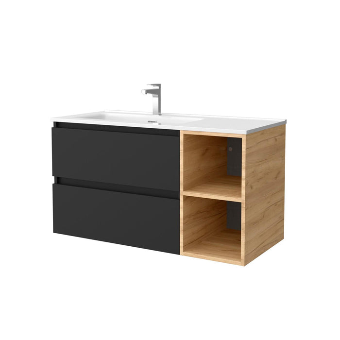 SALGAR BEQUIA Mueble de Baño con Lavabo 2 Cajones 2 Huecos Negro Roble África Derecha