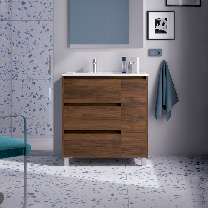 SALGAR NOJA 910 Mueble de Baño con Lavabo 3 Cajones 1 Puerta Derecha Color Nogal Maya