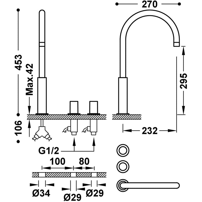 TRES 06110502KM STUDY Grifo Bimando Alto De Repisa para Lavabo Color Negro Metalizado
