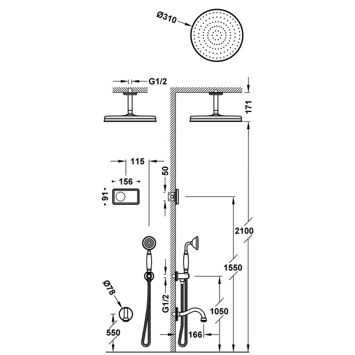 TRES 09226302 TRES CLASSIC Electronic Thermostatic Built-in 3-Way Faucet Kit Shower Technology for Bathtub and Shower Chrome