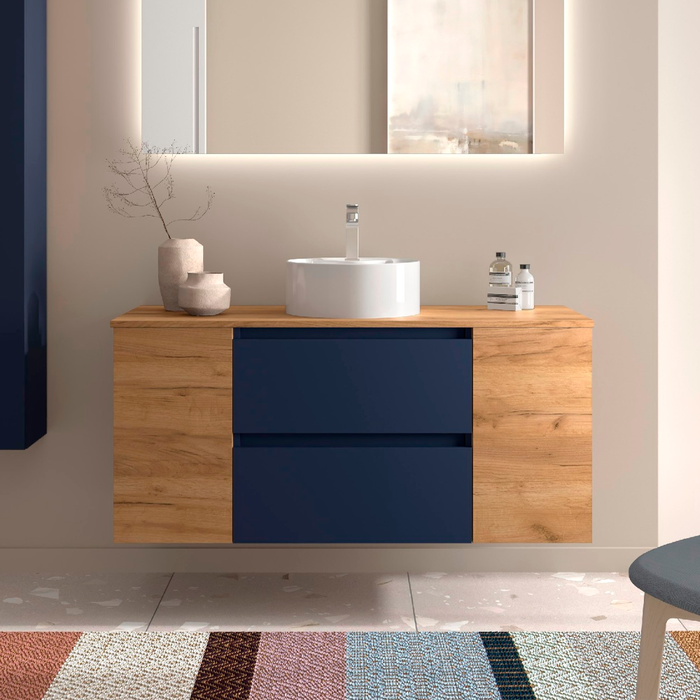 SALGAR 110561 BEQUIA Mueble de Baño con Lavabo de Posar y Encimera 120 cm 2 Cajones 2 Puertas Azul Mate Roble