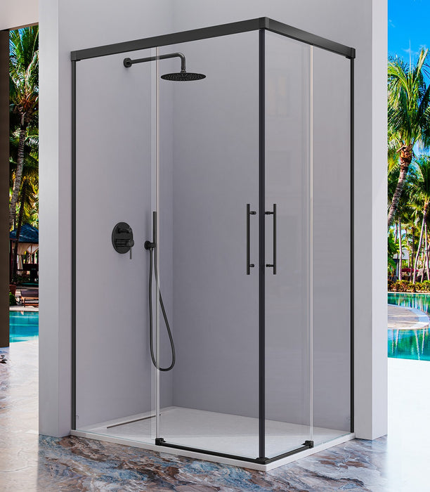 KASSANDRA URBAN Mampara Angular de Ducha 2 Fijos + 2 Hojas Correderas Negro Mate Transparente