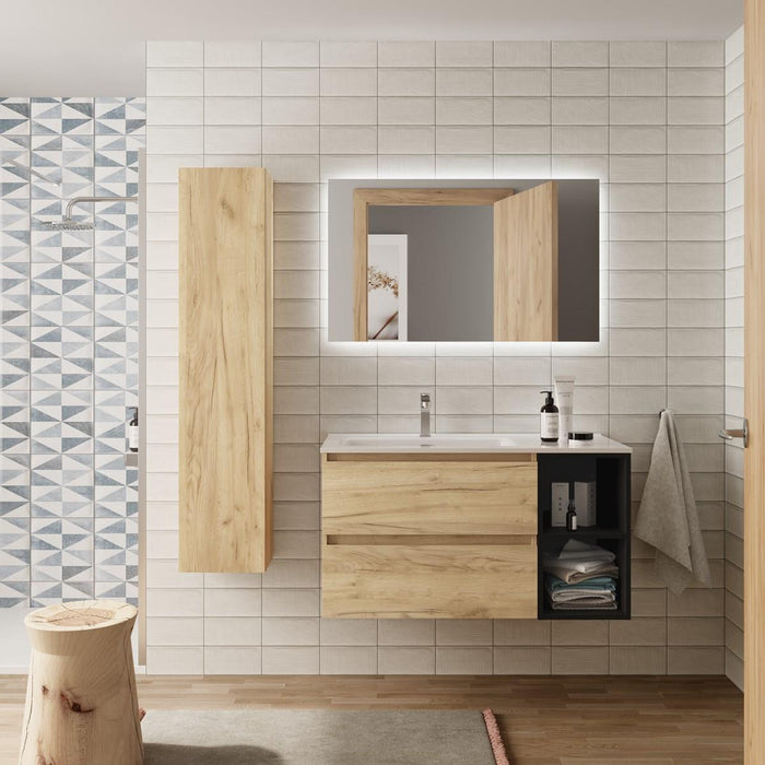 SALGAR BEQUIA Mueble de Baño con Lavabo 2 Cajones 2 Huecos Roble África Negro Derecha