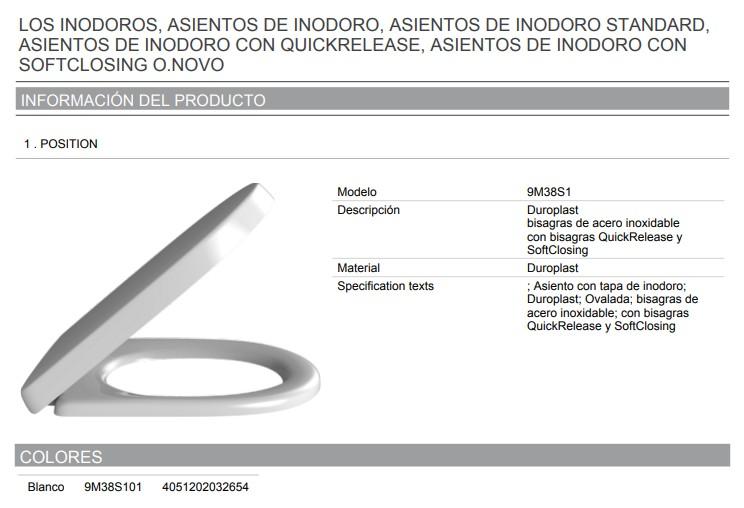 VILLEROY & BOCH O-NOVO 9M38 S1 01 Asiento SOFT CLOSING