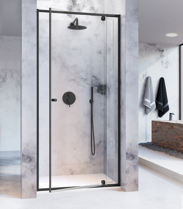 KASSANDRA PIVOT Mampara Frente Ducha Fijo 5 mm +  Puerta Abatible Pivotante 6 mm Negro Mate Transparente