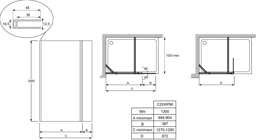 JACOB DELAFON C22WP90-GA CONTRA Mampara fija 90cm con minipanel y perfiles