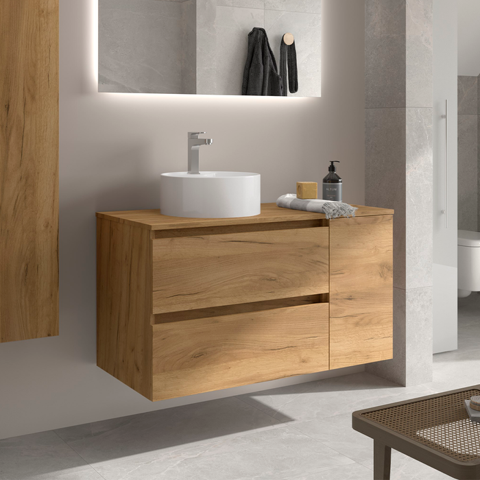 SALGAR BEQUIA Bathroom Furniture with Sink and Countertop 2 Drawers 1 Reversible Door Roble África