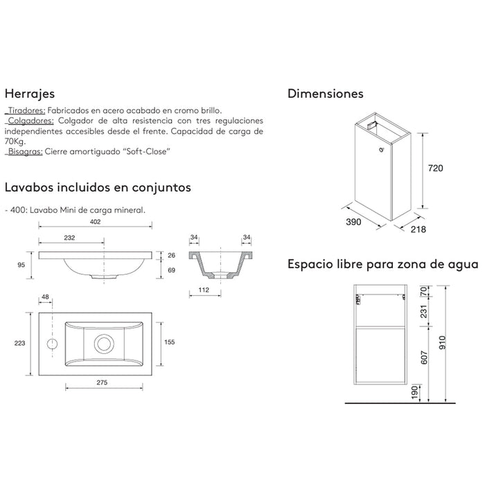 SALGAR 99146 MARVILLE Complete Set Mini Bathroom Cabinet with Sink 1 Door Glossy White Color