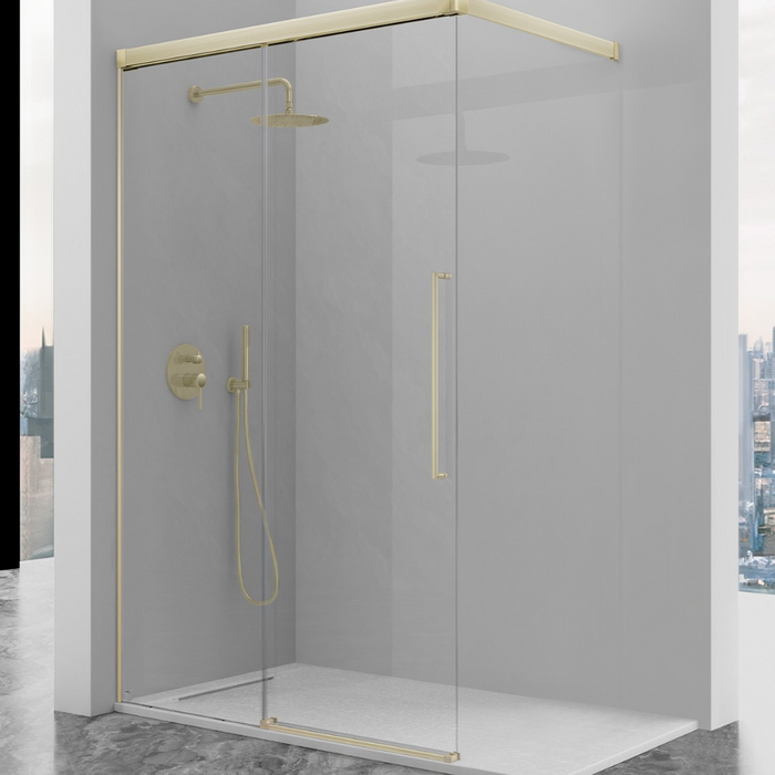 KASSANDRA PAVÍA Mampara Walking Frente Ducha Fijo +  Puerta Corredera con Tirante Oro Cepillado Transparente