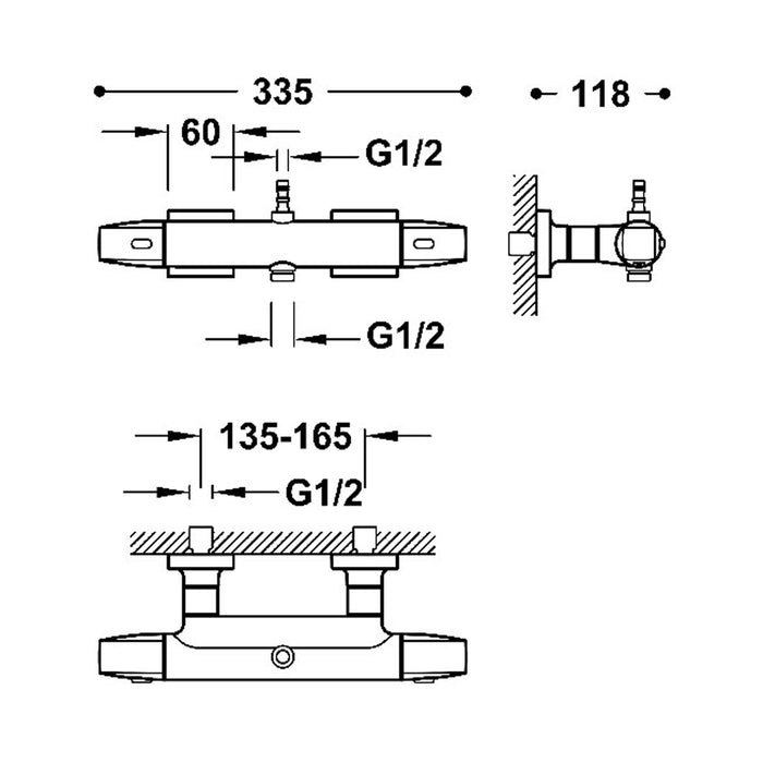 TRES 19016905AC OVER-WALL Grifo Termostático Mural de 2 Vías Over-Wall con Conexión para Barra de Ducha Color Acero