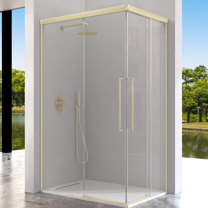 KASSANDRA PAVÍA Mampara Angular de Ducha 2 Fijo +  2 Puertas Correderas Oro Cepillado Transparente