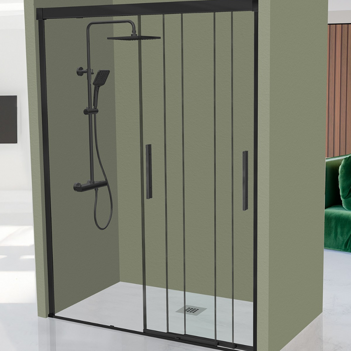 KASSANDRA ESTRELLA  Mampara Frente de Ducha 3 Puertas Correderas 6 mm Negro Mate Transparente