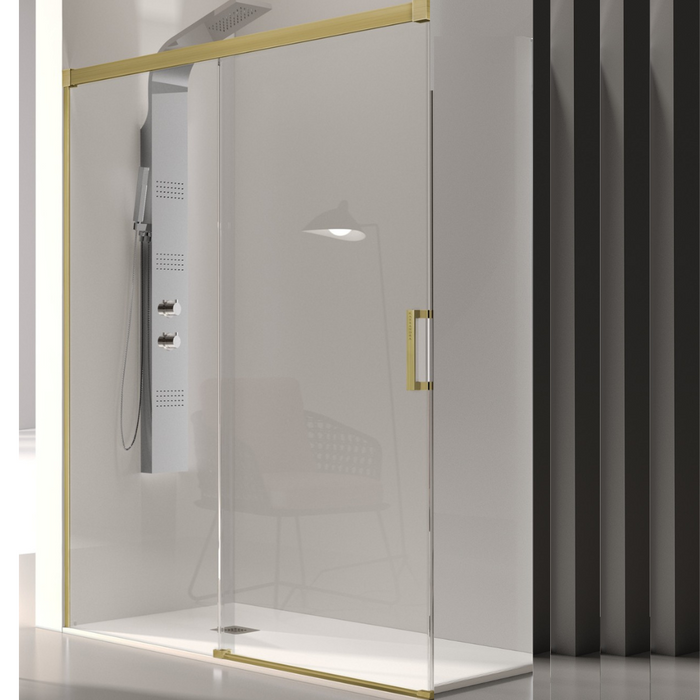 KASSANDRA GLASÉ Mampara Frente Ducha Fijo + Puerta Corredera 6 mm Oro Cepillado Transparente