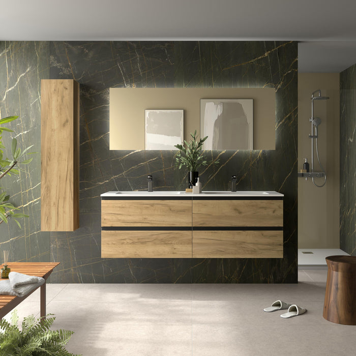 SALGAR 115929 BEQUIA METAL Mueble de Baño 2 pozas Solid Surface 160cm Roble