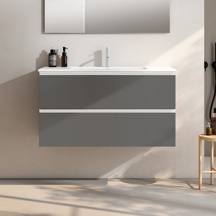 VISOBATH GRANADA Mueble de Baño con Lavabo Suspendido 2 Cajones Color Gris Ceniza Tirador Blanco