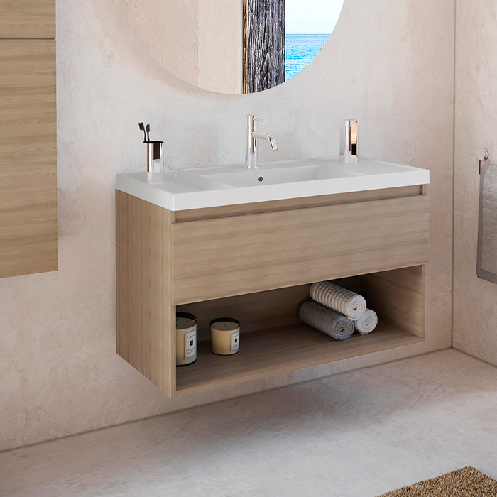 COSMIC BBEST Bathroom Furniture with Teckstone Sink 1 Drawer and 1 Hole Natural Walnut Color
