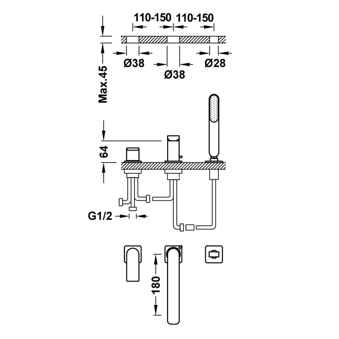 TRES 20016203OM LOFT Grifo Monomando para Borde De Bañera Color Oro Mate 24K