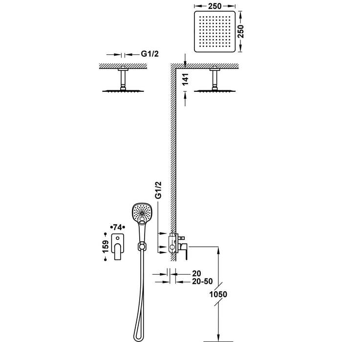 TRES 20018009 LOFT Built-in Single-lever 2-Way Faucet Kit for Shower Chrome Color