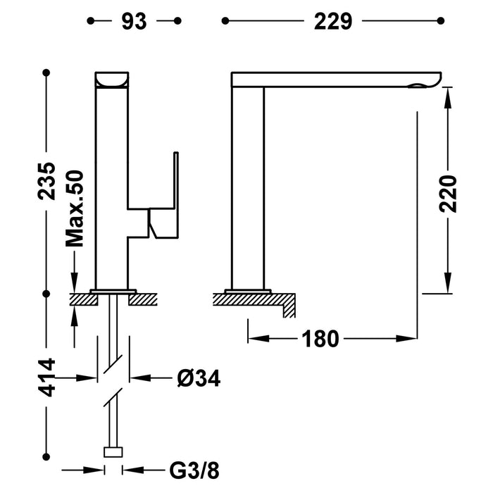TRES 20020502NM LOFT Grifo Monomando Caño Alto con Maneta Lateral para Lavabo Color Negro Mate