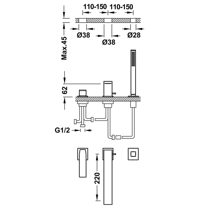 TRES 20216101BM SLIM Single-lever Faucet for Bathtub Edge Matte White Color