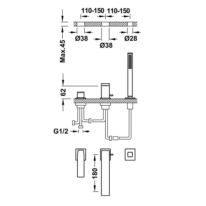 TRES 20216103BM SLIM Single-lever Faucet for Bathtub Edge Matte White Color