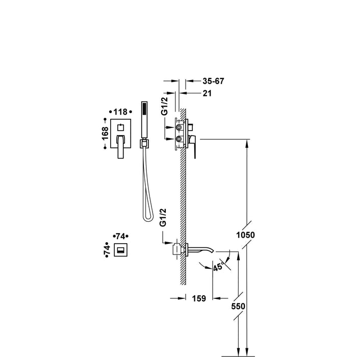 TRES 20228007NM SLIM Built-in Single-lever Faucet Kit 2-Way Rapid-Box for Bathtub and Shower Matte Black Color