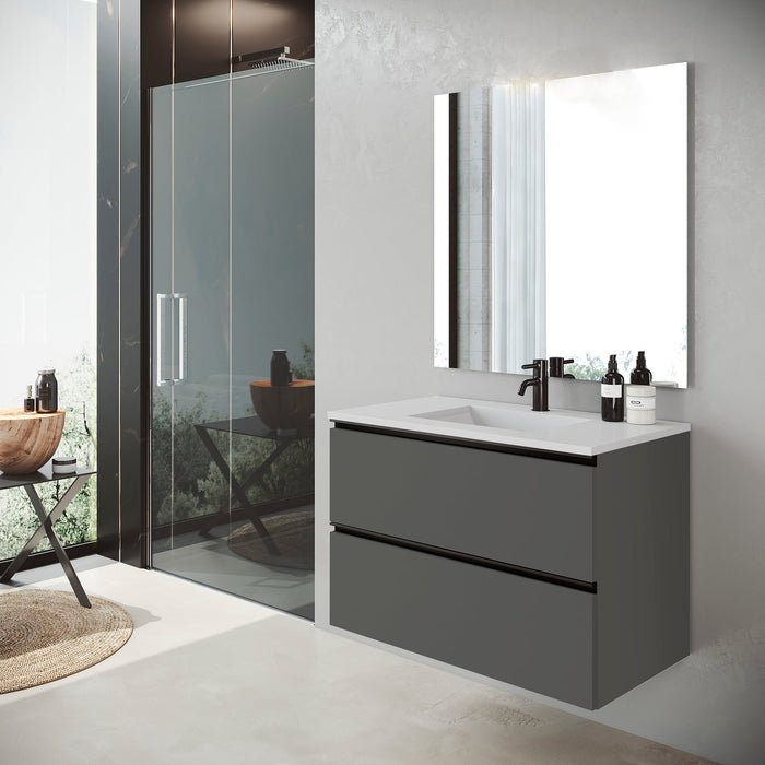 VISOBATH GRANADA Conjunto Mueble de Baño Completo Suspendido 2 Cajones Color Gris Ceniza Tirador Negro