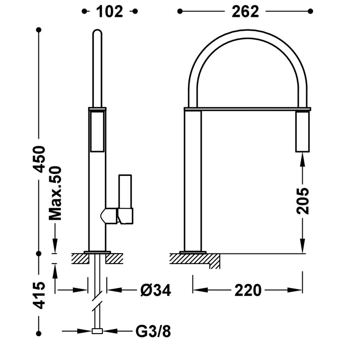 TRES 20548702AC KITCHEN Single-lever Faucet with Flexible Spout Sink Steel Color