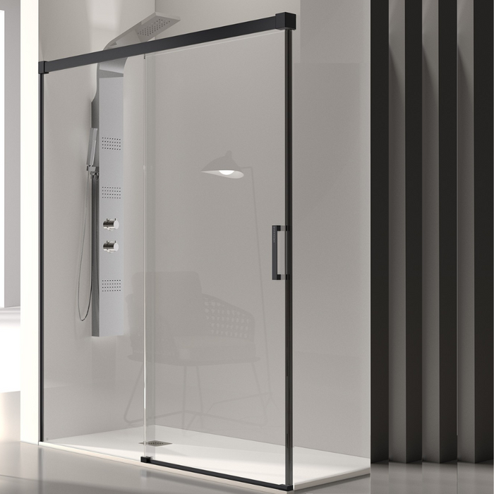KASSANDRA GLASÉ Mampara Frente Ducha Fijo + Puerta Corredera 6 mm Negro Mate Transparente