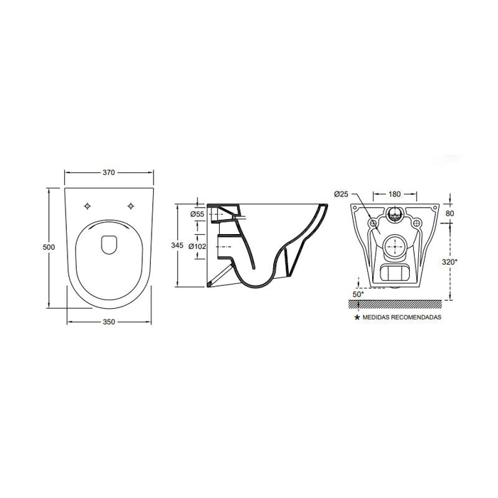 VALADARES 42501002K 100 Rimless Wall Hung Toilet White