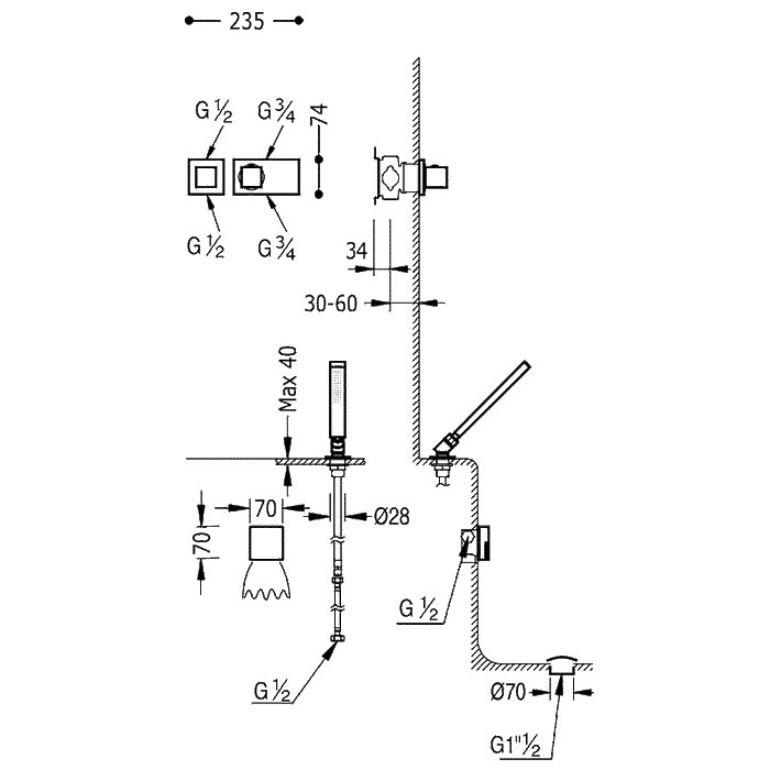 TRES 20725207 TRESMOSTATIC Thermostatic Bathtub Kit Waterfall Built-in Chrome