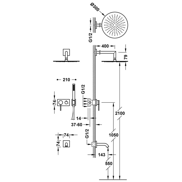 TRES 21027313NM 3V Kit De Grifo Monomando Empotrado De 3 Vías para Ducha Color Negro Mate