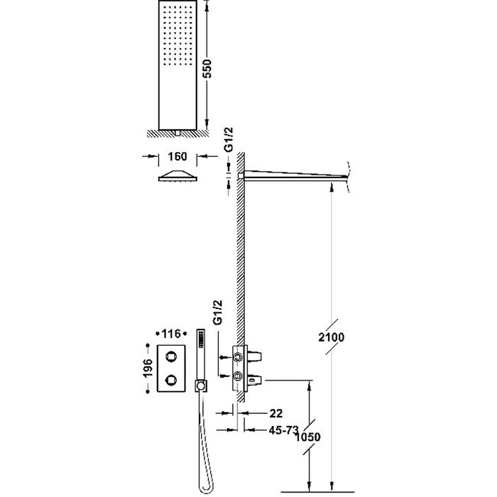 TRES 21125005AC THERM-BOX Kit de Grifo Termostático Empotrado de 2 Vías Ducha Color Acero