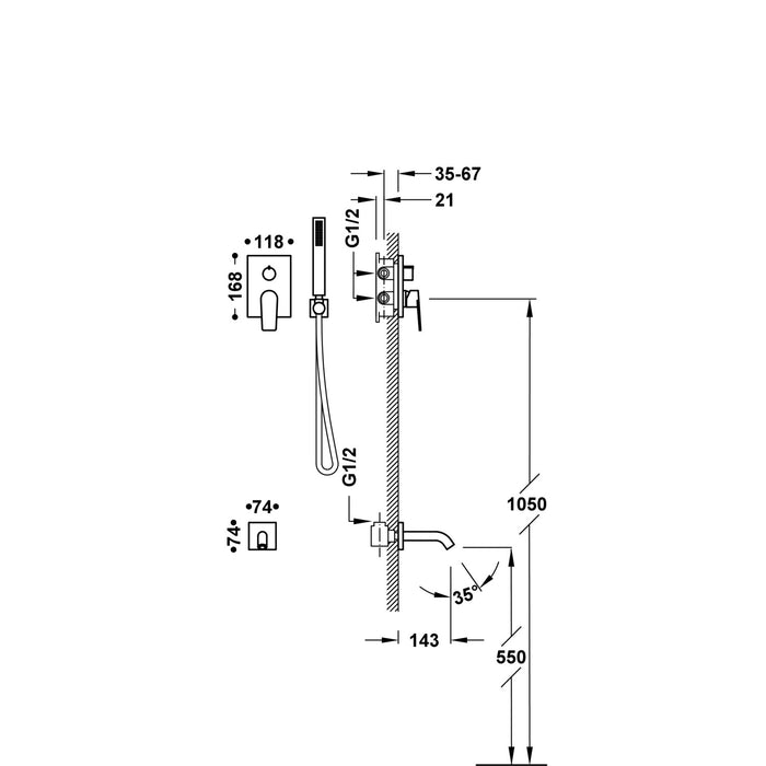 TRES 21128007OM PROJECT-TRES Kit De Grifo Monomando Empotrado De 2 Vías Rapid-Box para Bañera y Ducha Color Oro Mate 24K