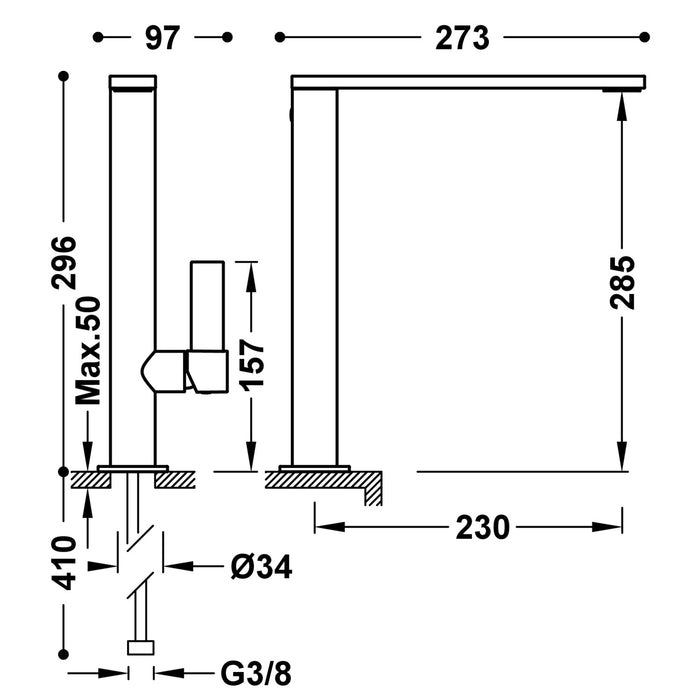 TRES 21140501BM PROJECT-TRES Grifo Monomando XXL Caño Alto con Maneta Lateral para Lavabo Color Blanco Mate