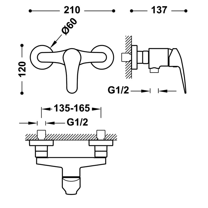 TRES 21616710NM BASE PLUS Grifo Monomando Mural para Ducha Color Negro Mate