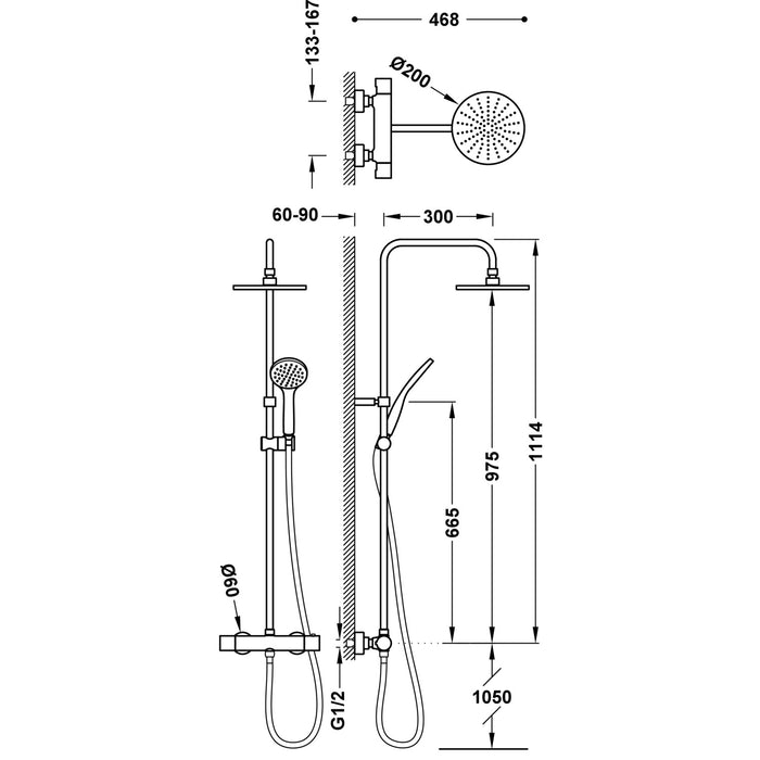 TRES 21639302NM BASE PLUS Thermostatic Wall-Mounted 2-Way Faucet Set for Shower Matte Black Color